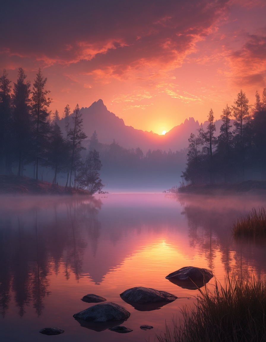 sky, dawn, fiery, colors, lake, misty, nature