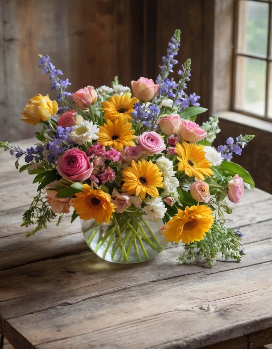 flowers, bouquet, fresh, fragrant, wooden table, home, interior