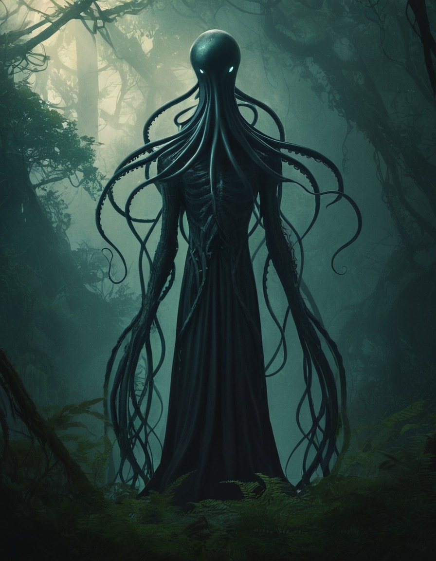 mysterious, shadowy, figure, tentacles, ancient forest, lovecraft, howard lovecraft