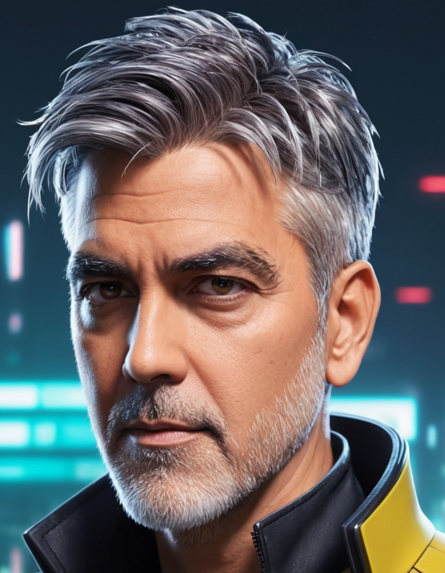 george clooney, anime, futuristic, cyberpunk, character, hairstyle