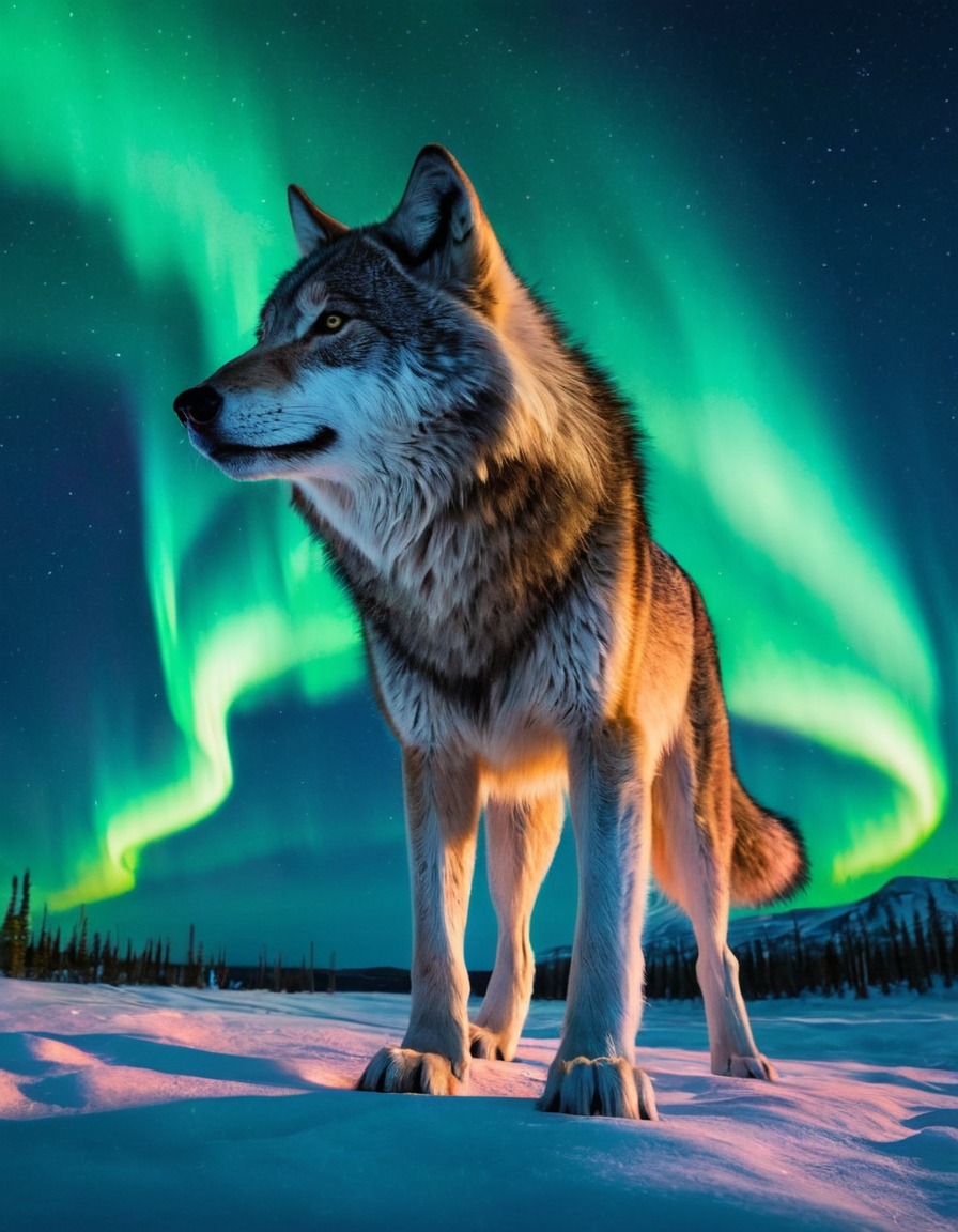 amarok, inuit, wolf, creature, hunting, northern lights, majestic