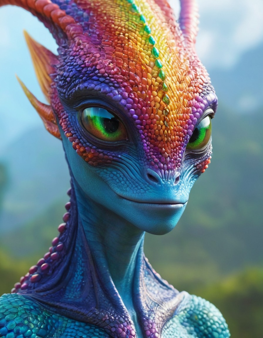 alien, creature, rainbow scales, glittering eyes, extraterrestrial, aliens