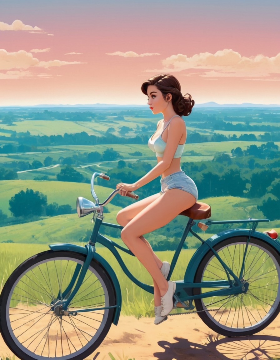 girl, bicycle, vintage, countryside, landscape