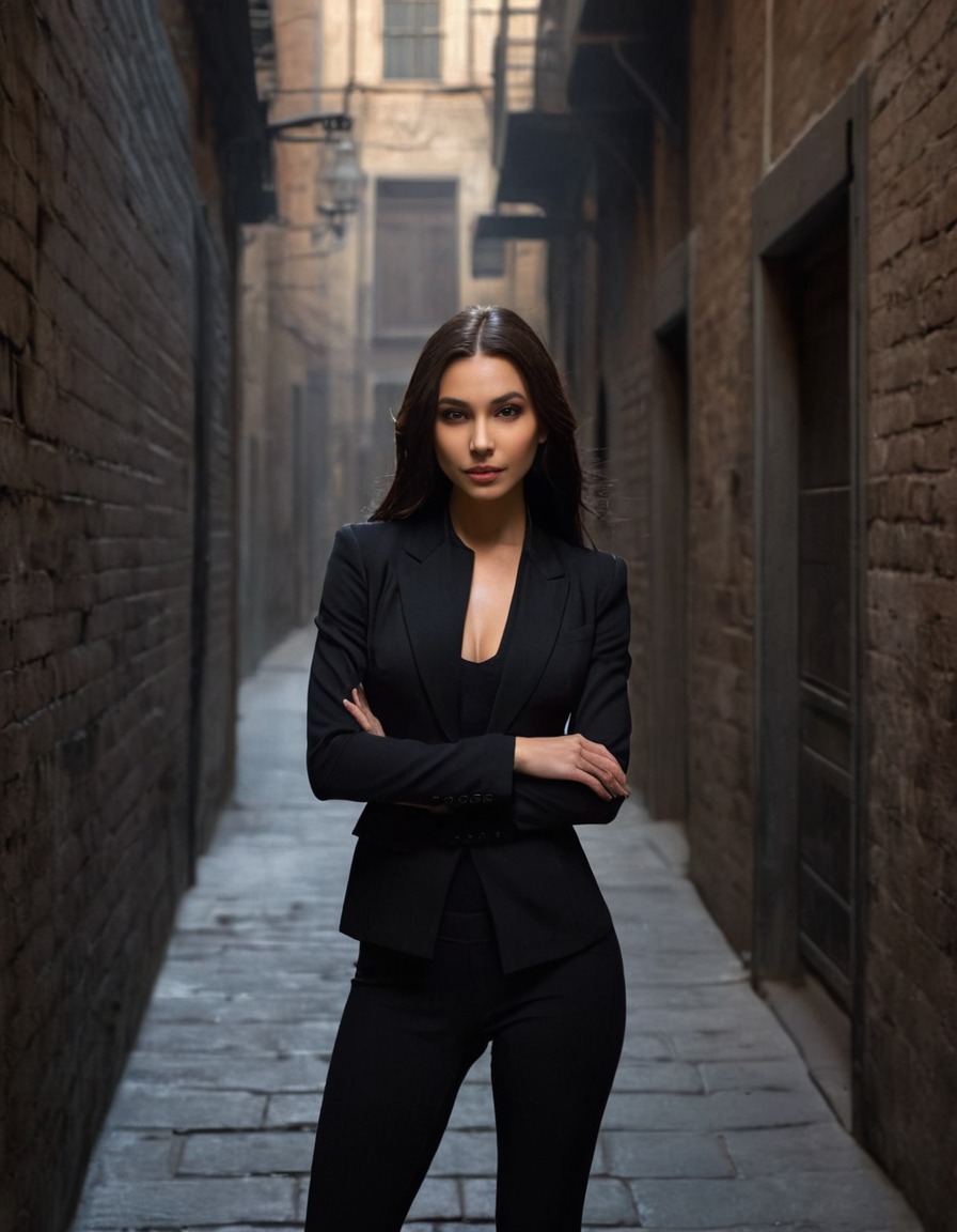 mysterious, woman, alleyway, shadow, urban, fashion