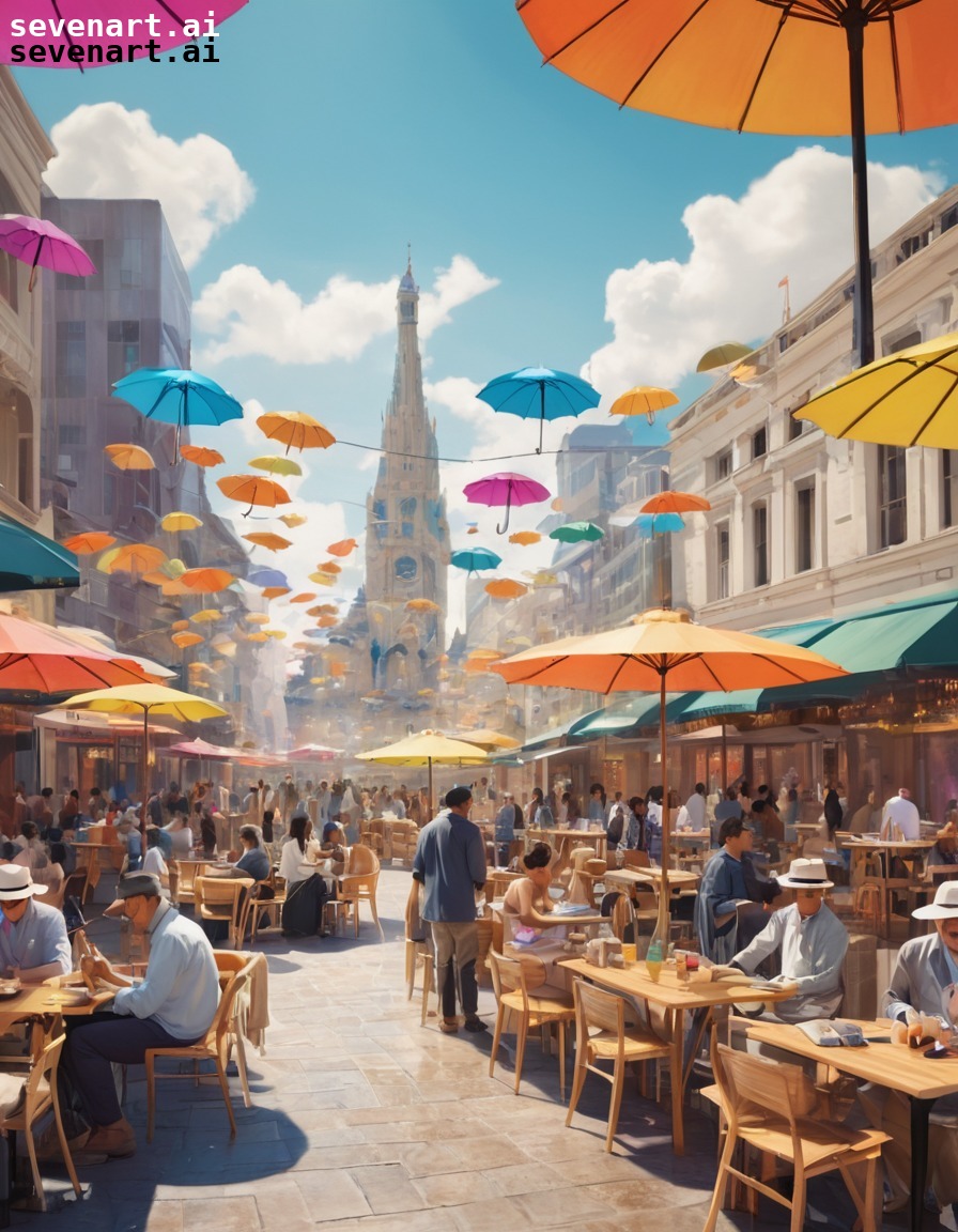 city life, outdoor cafes, street performers, modern urban, colorful umbrellas, modern city, city