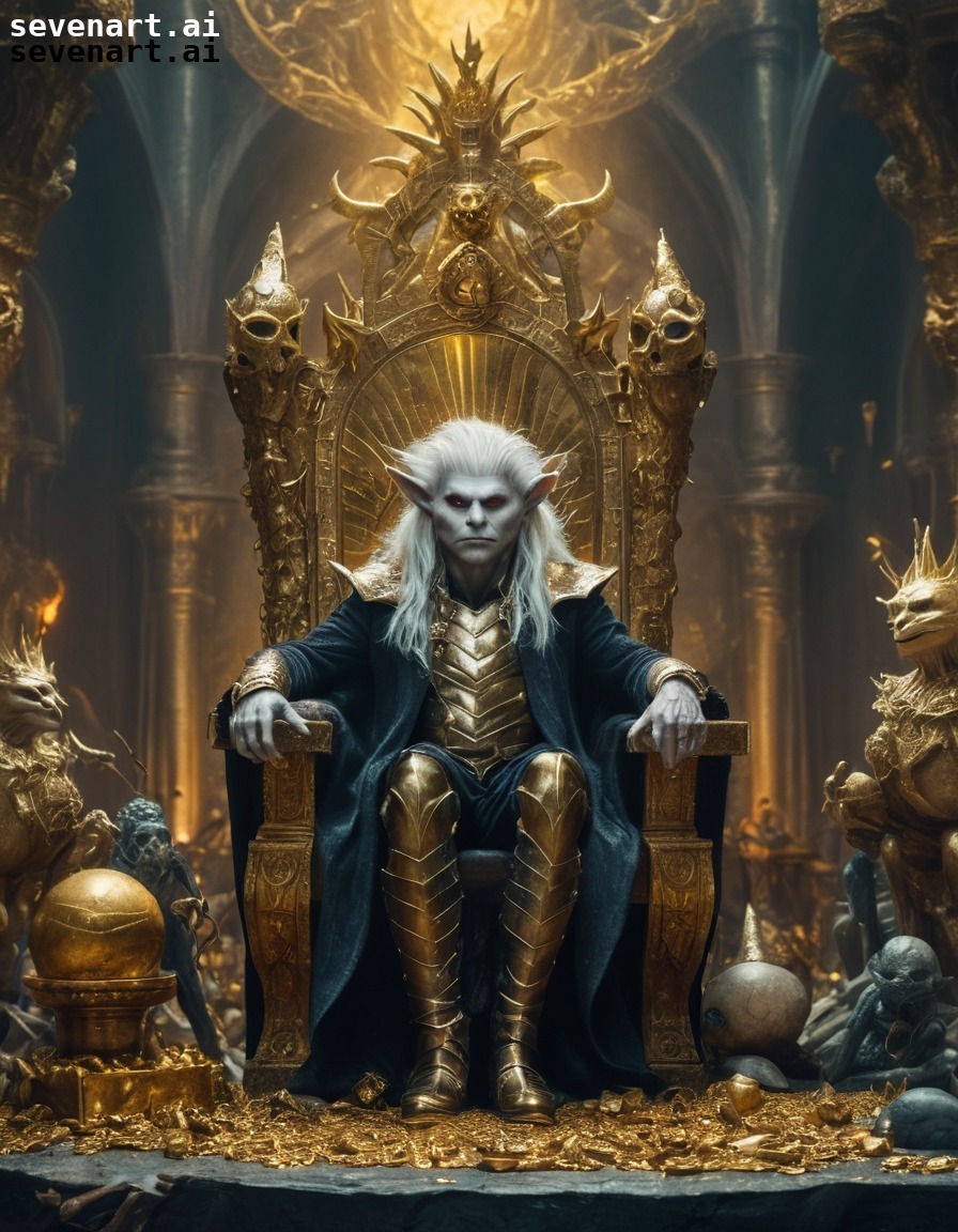 fantasy, goblin, king, throne, treasure