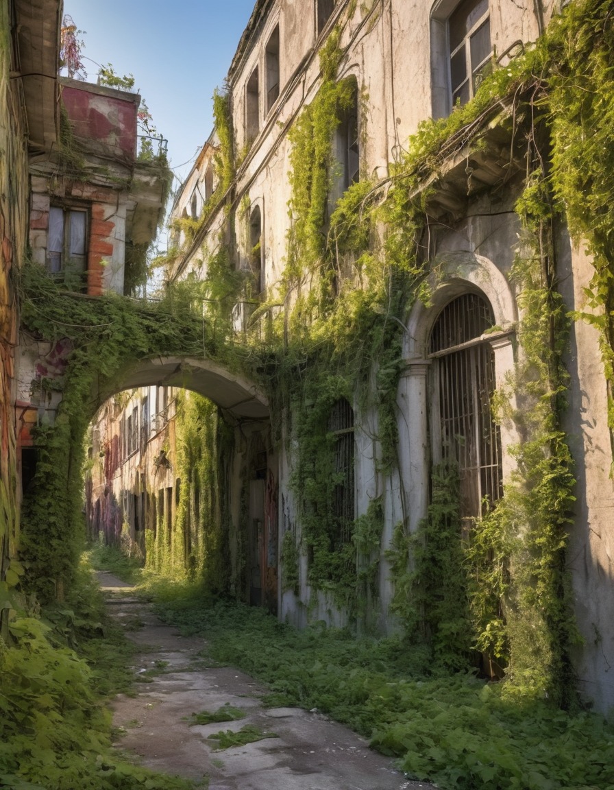 abandoned, city street, vines, graffiti, urban decay