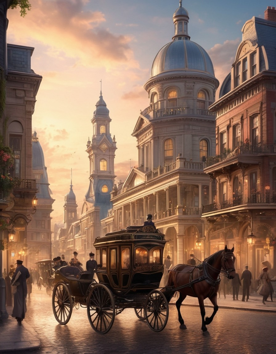 victorian era, cityscape, architecture, horse-drawn carriages, historic buildings, bustling, detailed illustrations