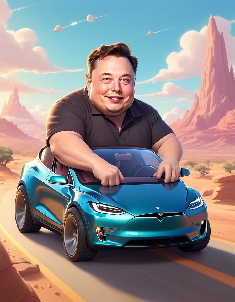 elon musk, cartoon, tesla, illustration, fat