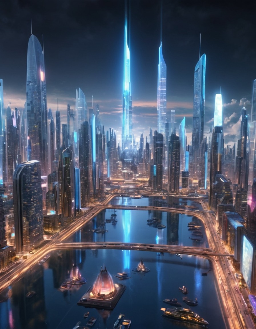 futuristic, holographic display, 3d simulation, cityscape, future