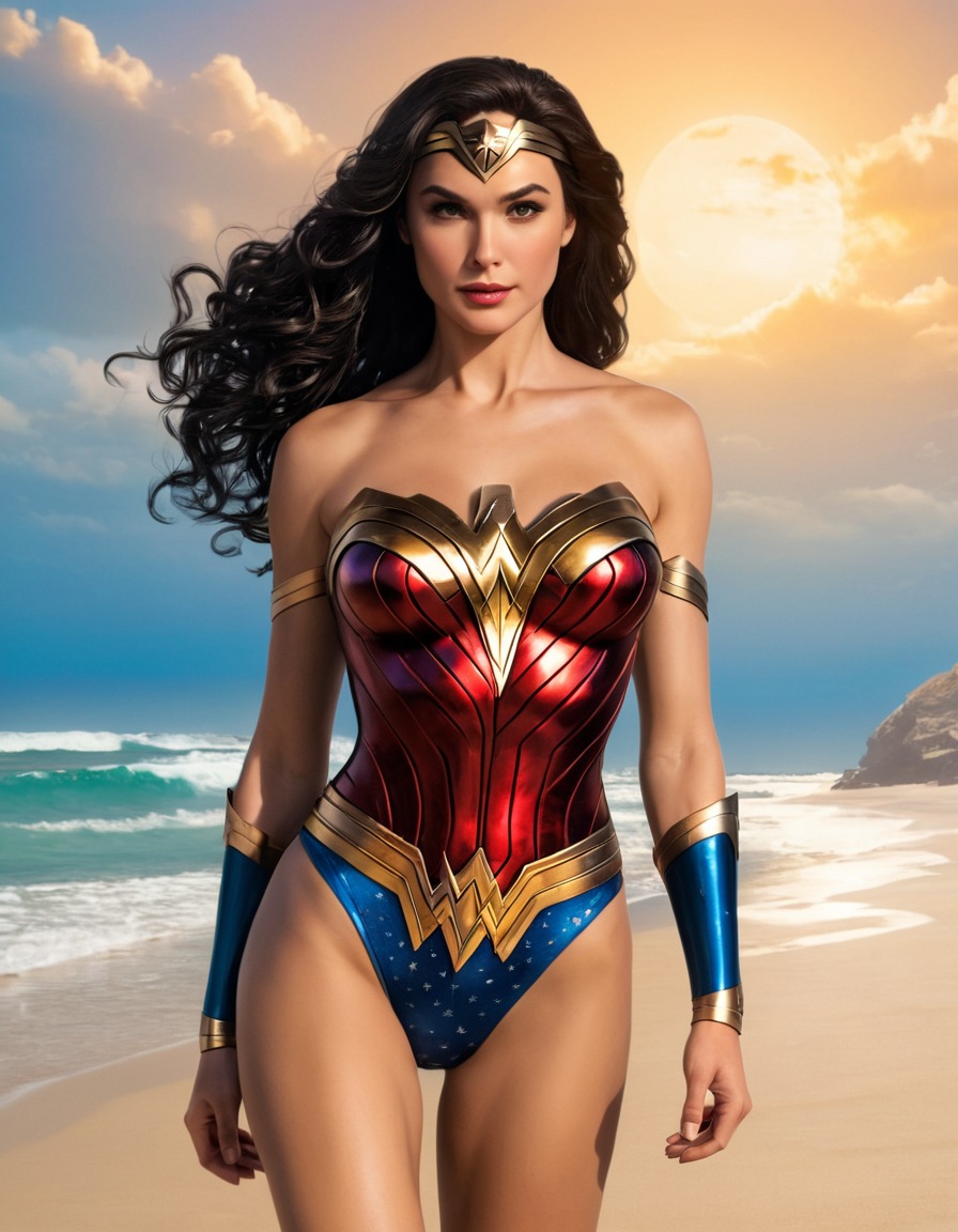 beach, wonder woman (dc comics), swimsuit, superhero, dc comics, diana prince