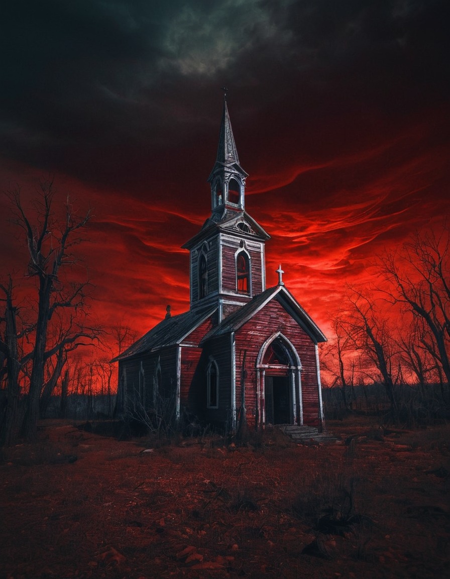 red sky, ominous glow, dilapidated chapel, eerie, gothic architecture, gothic, underground, dark