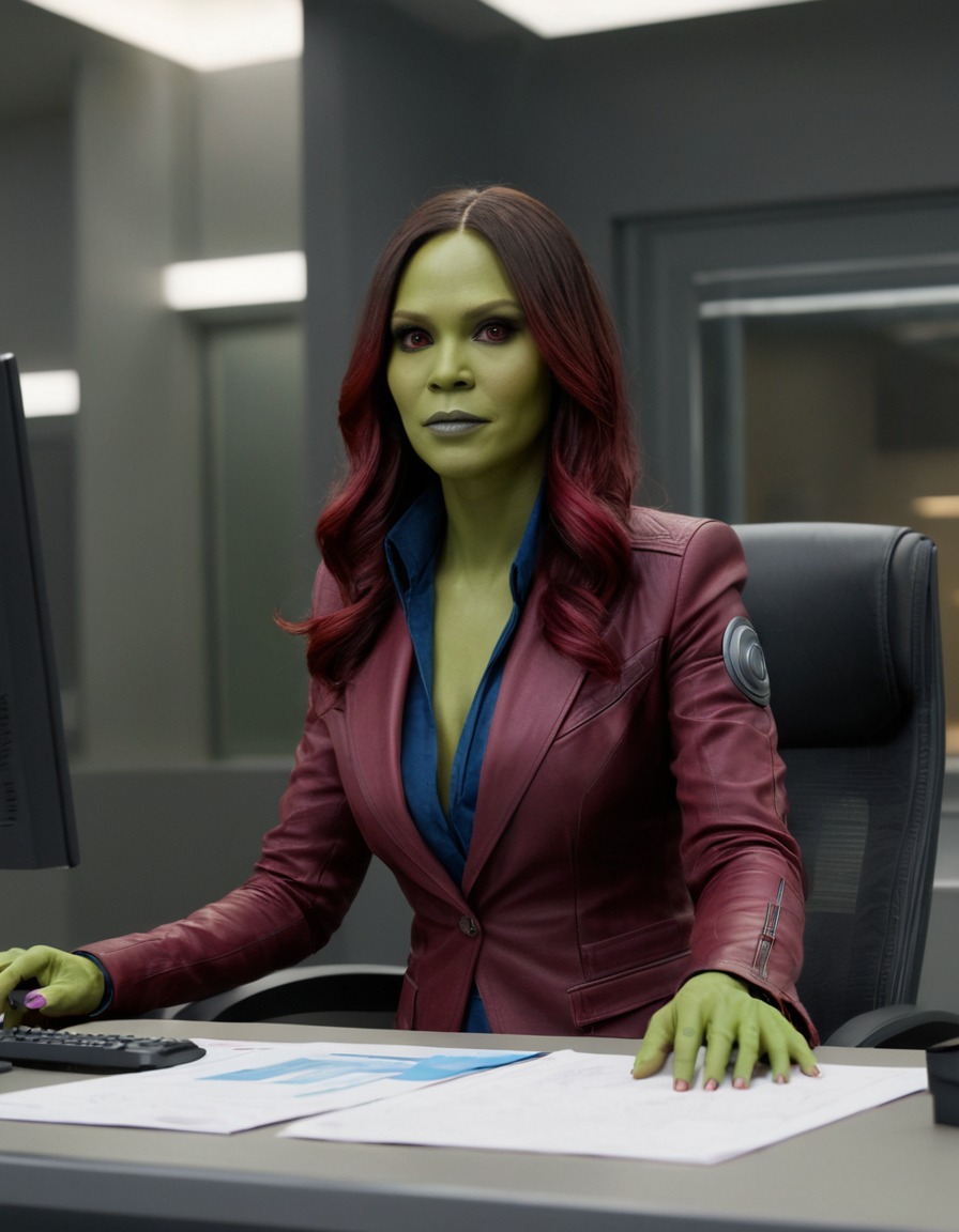 gamora, guardians of the galaxy, marvel, office worker, superhero, workplace dynamics