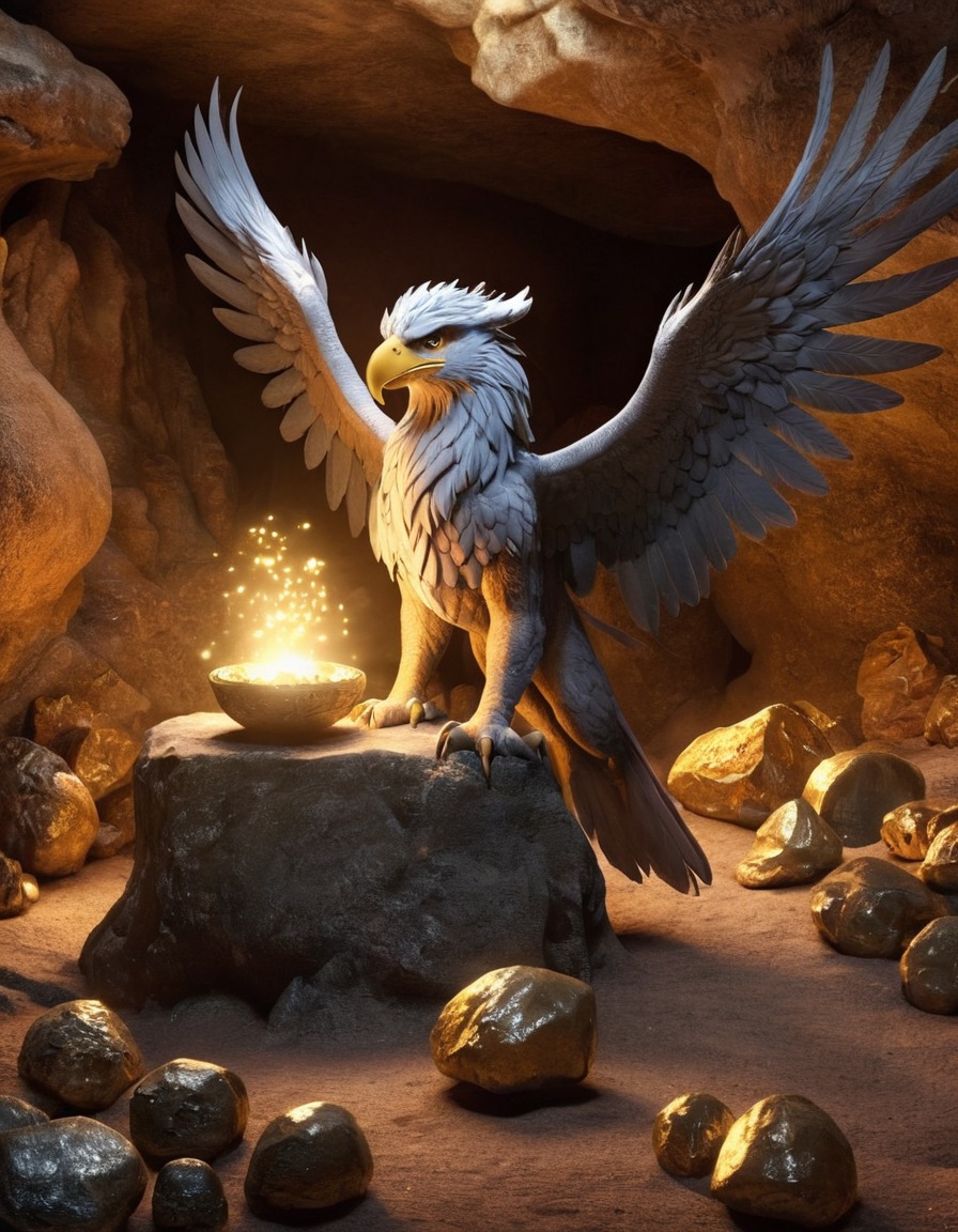 griffin, treasure trove, hidden cave, mythical creature, fantasy, guardian, epic tale