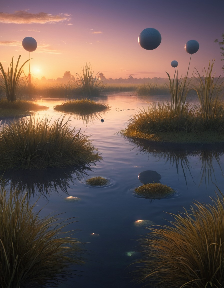 magical, marshland, dusk, will-o'-the-wisps, glowing orbs