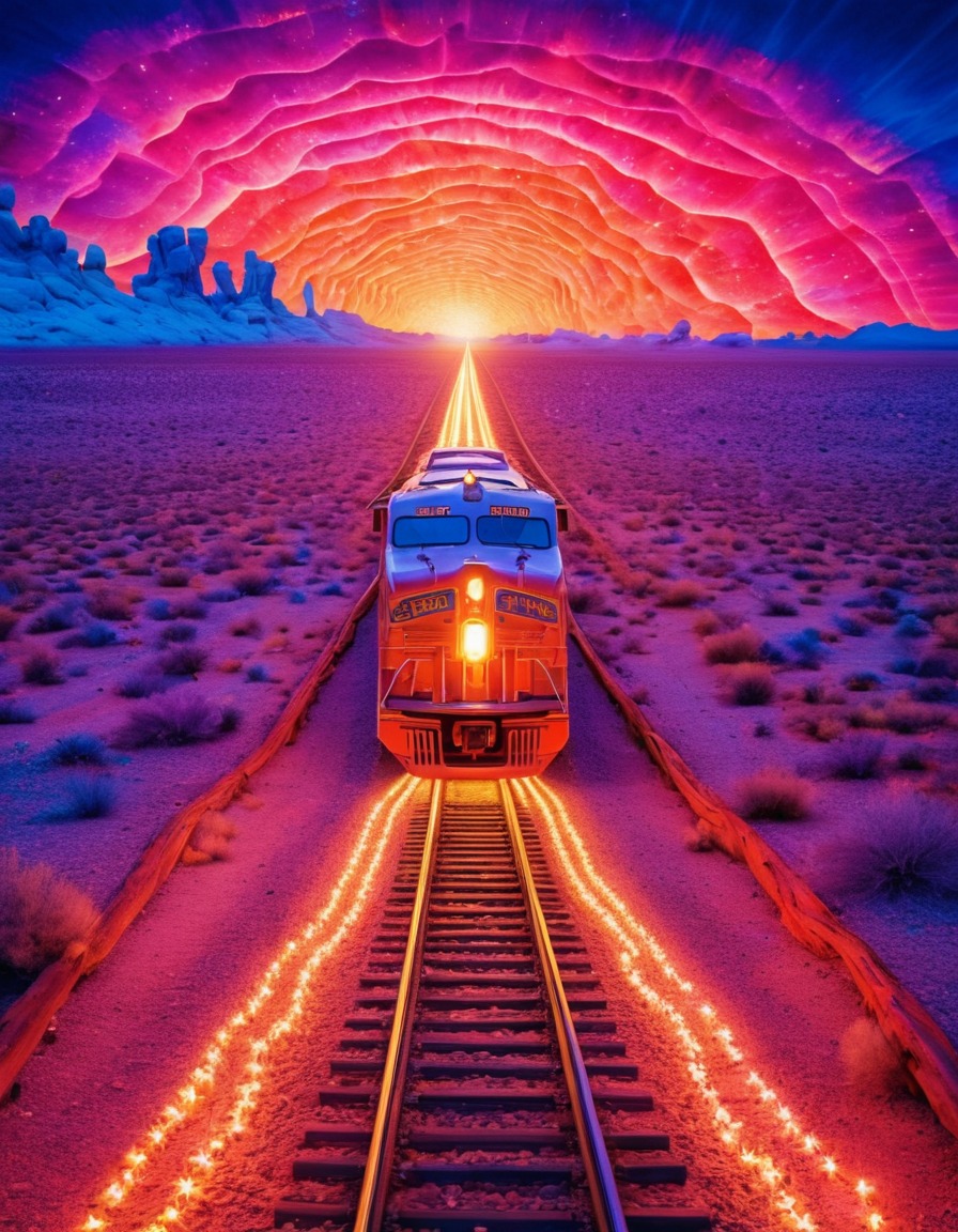 train, crystal, neon, desert, fantasy, surreal