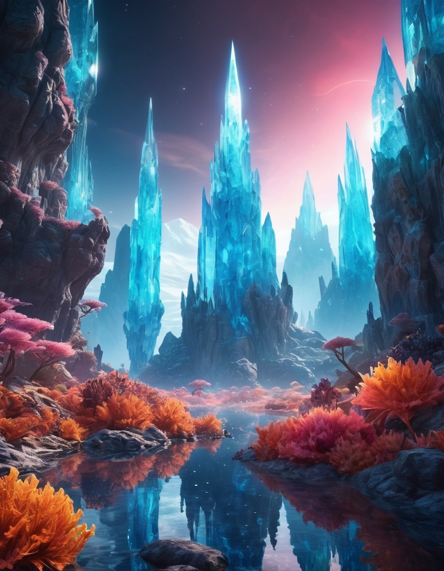 surreal, alien landscape, crystal formations, glowing plants, extraterrestrial, aliens