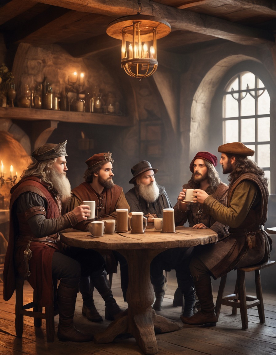 hipsters, medieval garb, coffee, goblets, rustic tavern, medieval, art