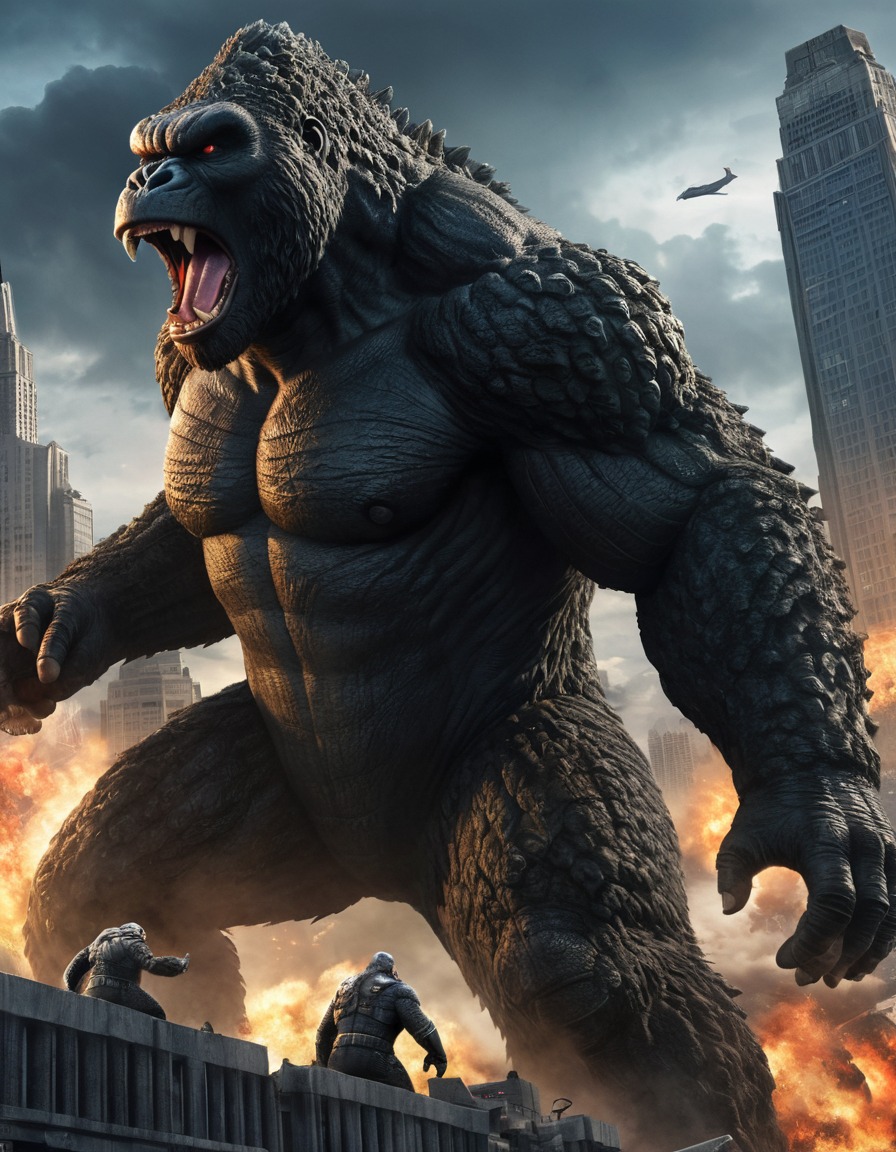 king kong, godzilla, skyscraper, battle, chaos, cityscapes, kong