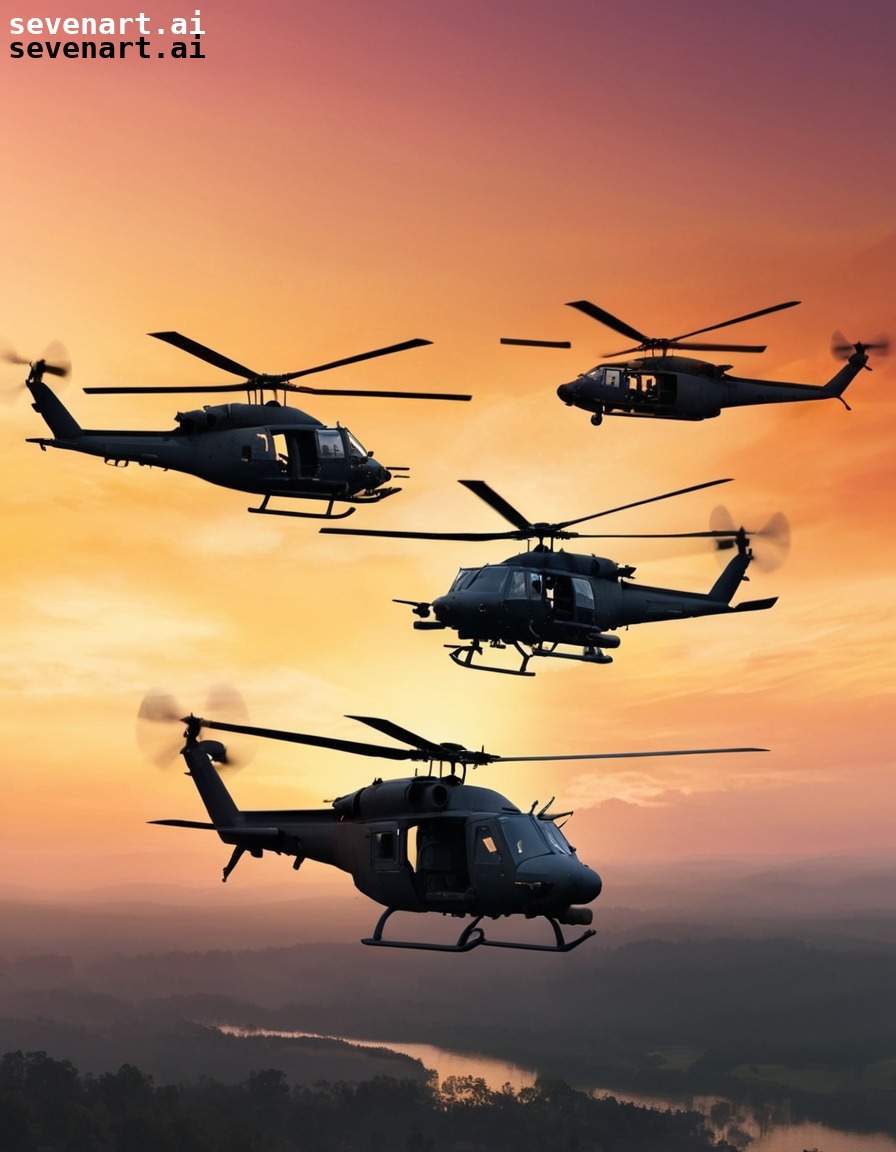 helicopters, army, formation, sunset, sky