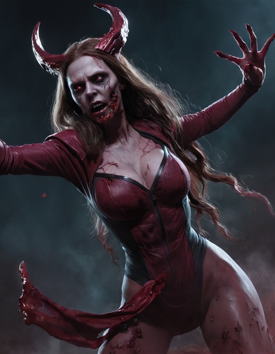 scarlet witch, zombie, classic costume, undead features, marvel