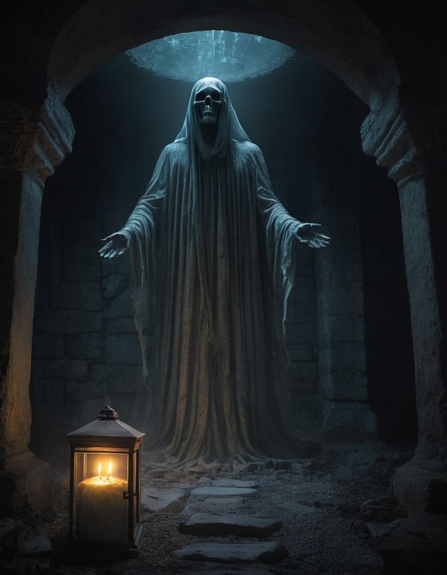 ghost, apparition, crypt, candlelight, spooky, gothic, underground, dark