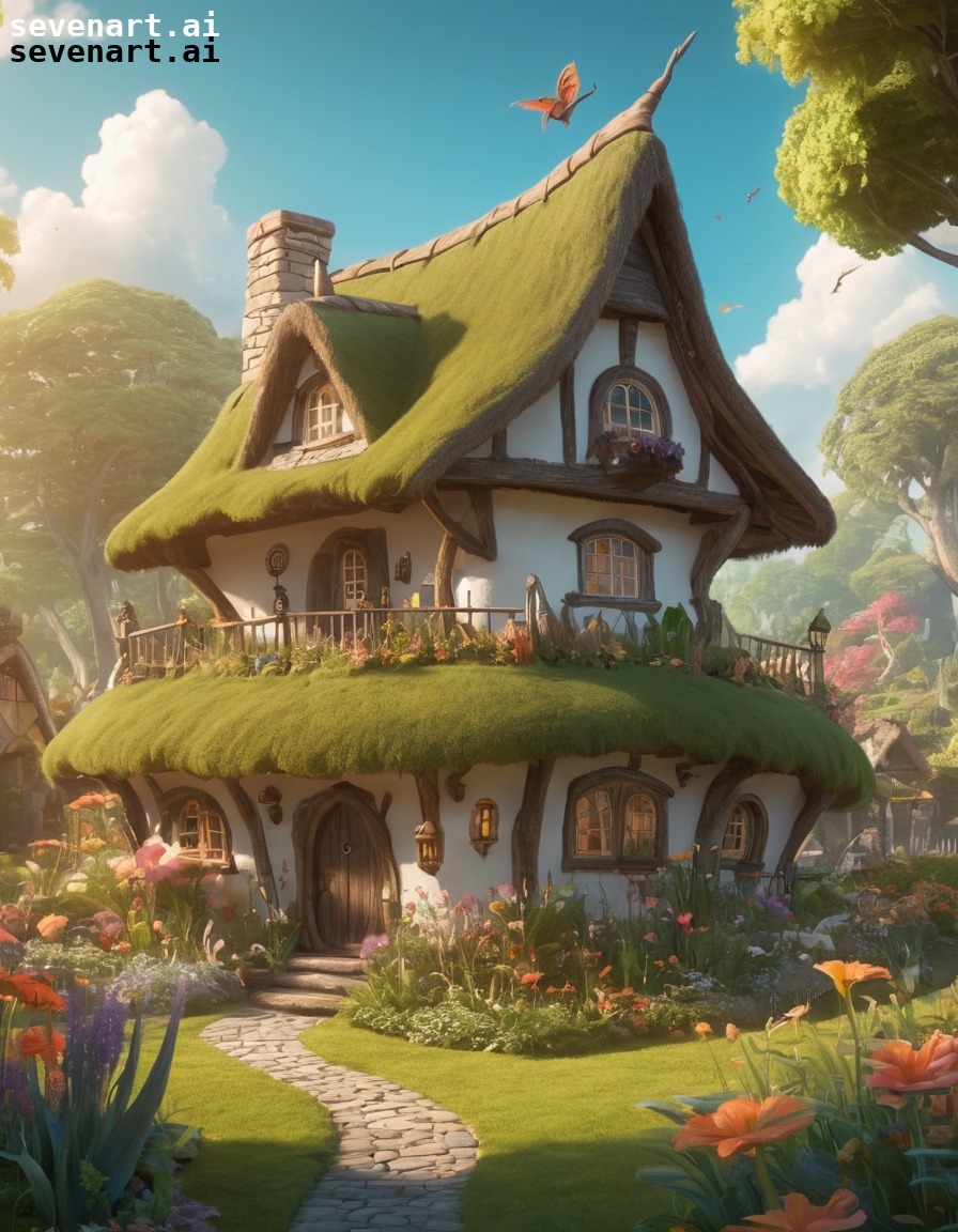 whimsical, fairy-tale, house, thatched roof, magical creatures, home