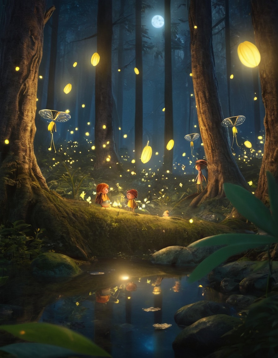 #enchanted forest, #fireflies, #whimsical creatures, #nighttime adventure