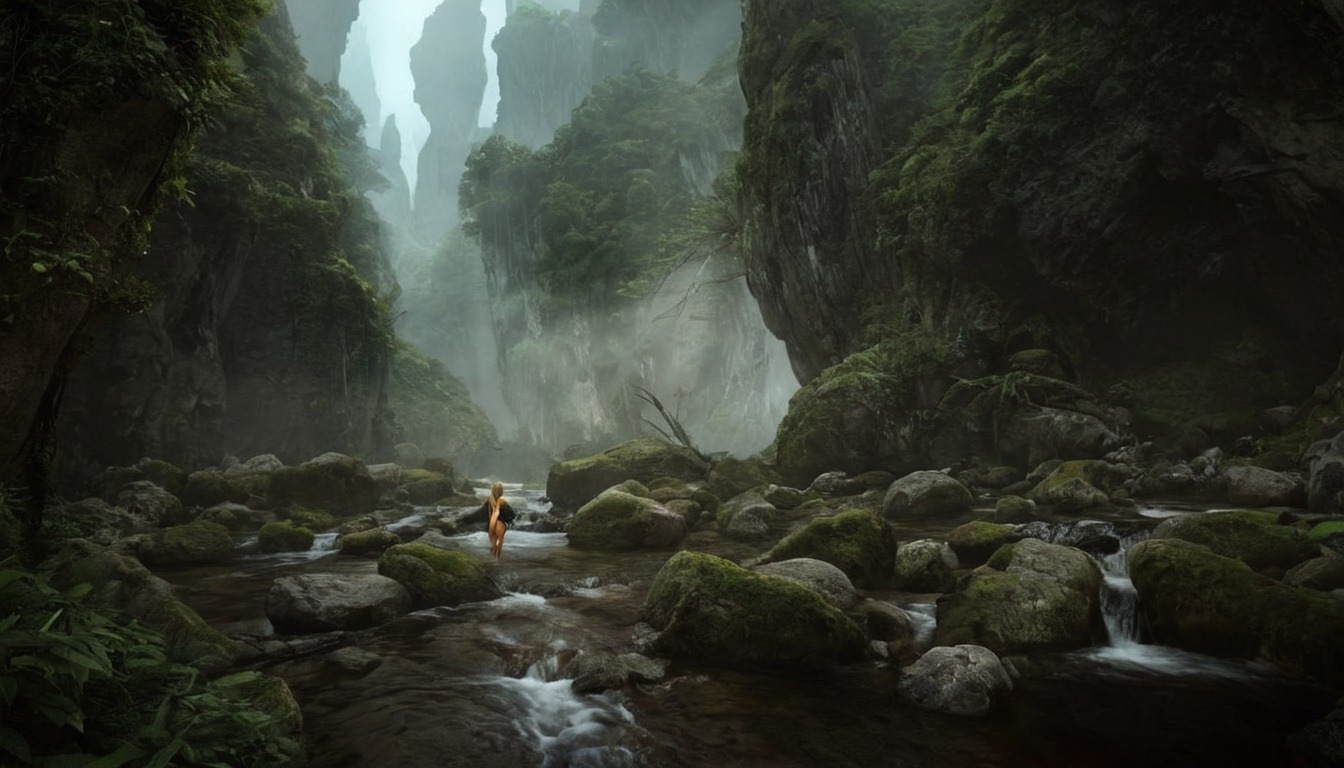 concept, path, environment, exile, forest, game, jungle, mattepainting, mood, painting, ruin, screen, waterfall, art, photobas