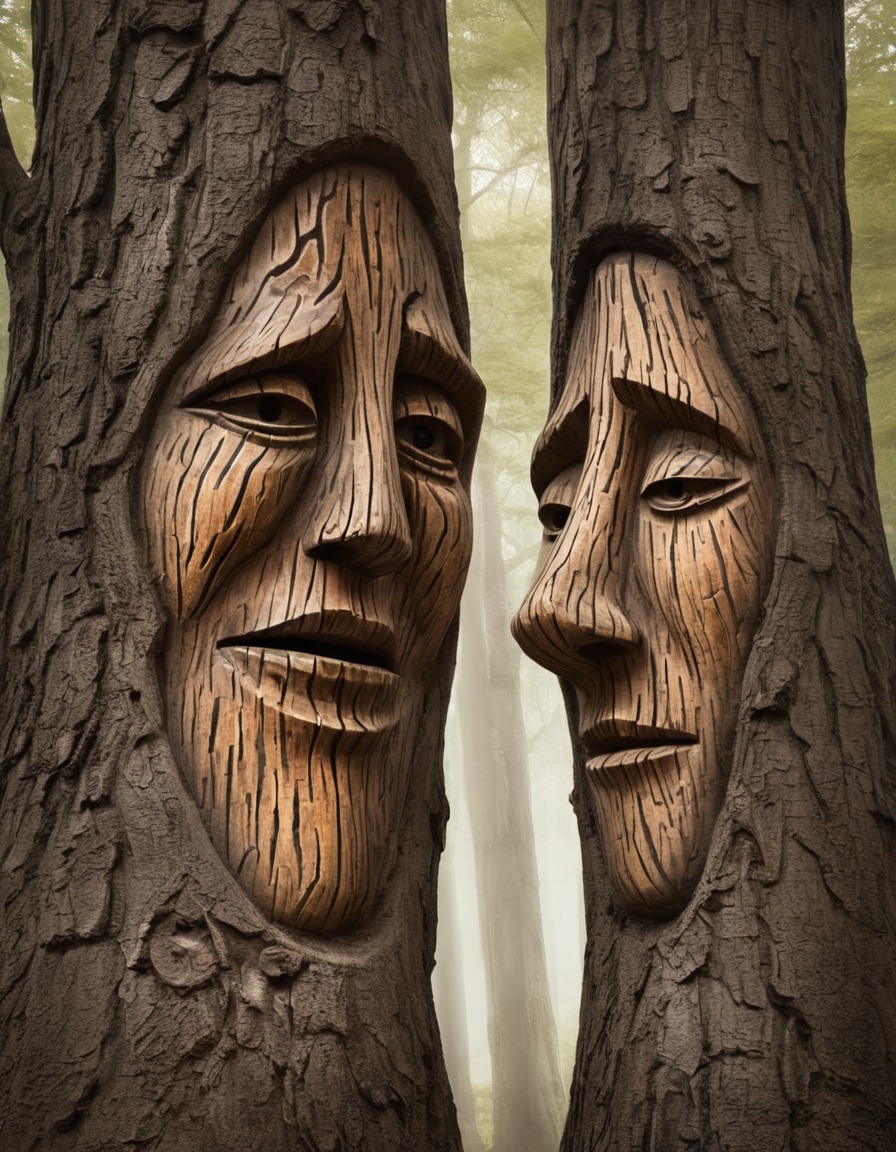 fantasy, magical, talking trees, personification, carved faces, fantastic