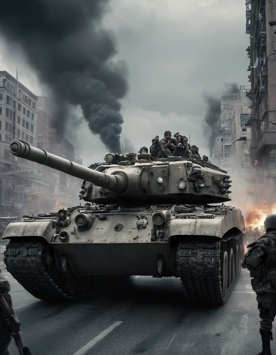 violence, war, surrealism, tank, cityscape, civilians, usa