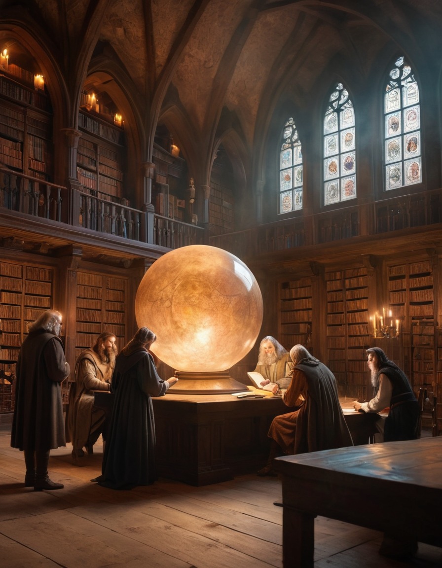 scientists, scholars, mysterious, glowing orb, medieval library, medieval, art