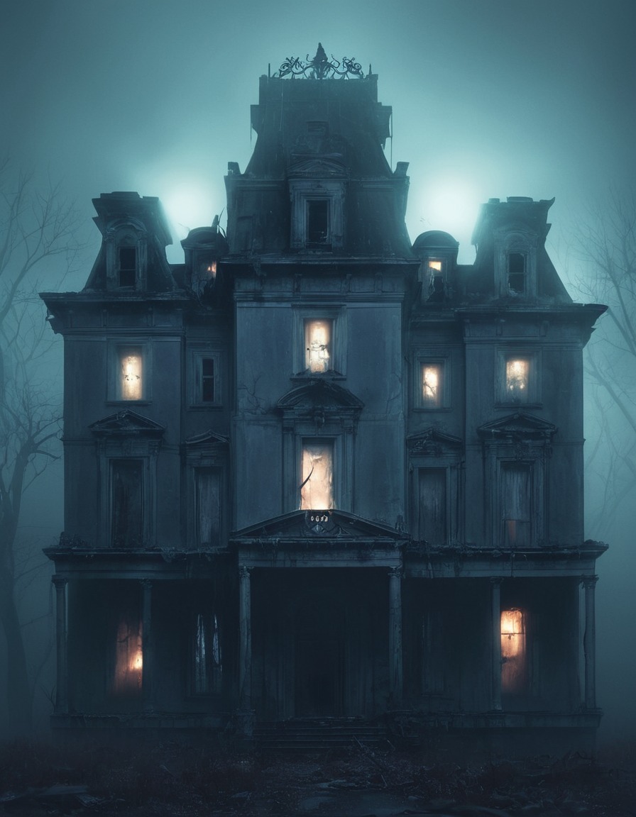 abandoned mansion, misty, eerie lights, spooky, haunted, lovecraft, howard lovecraft