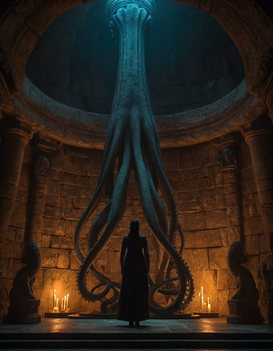 mystery, shadowy figure, ancient, tentacled statue, dimly lit, chamber, lovecraft, howard lovecraft