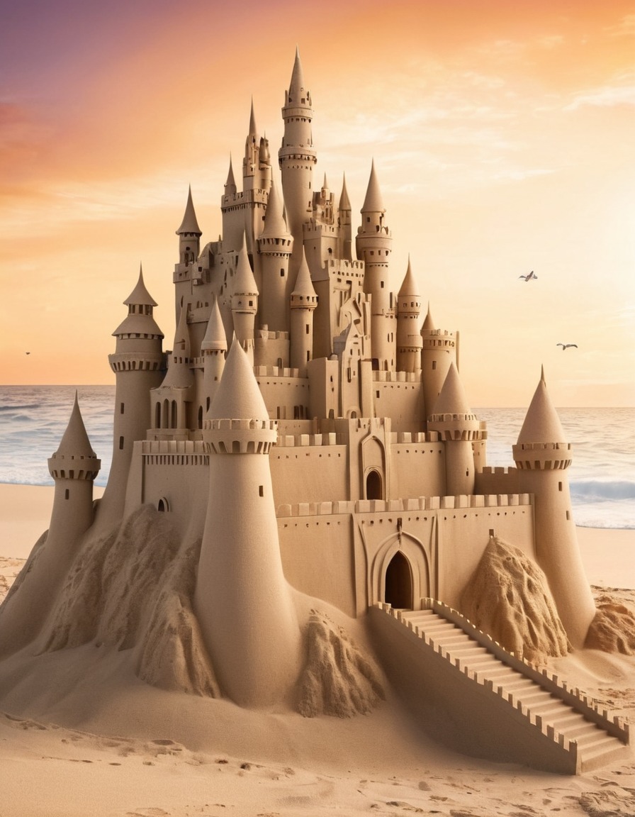 sand sculpture, castle, tiny people, art, fantasy, creativity, imagination