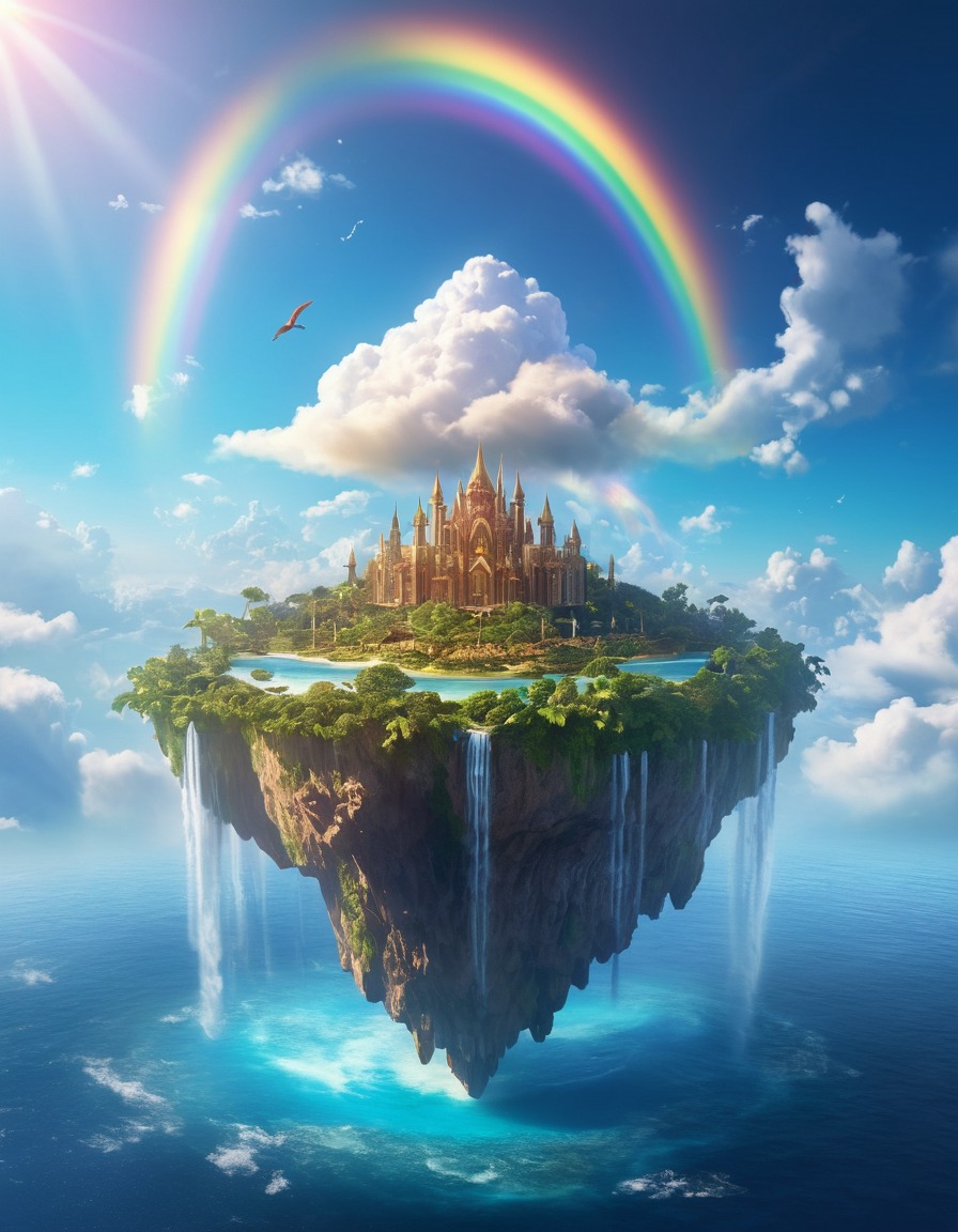 fantasy, floating island, sentient clouds, rainbows, sunlight, magical beings, fantastic