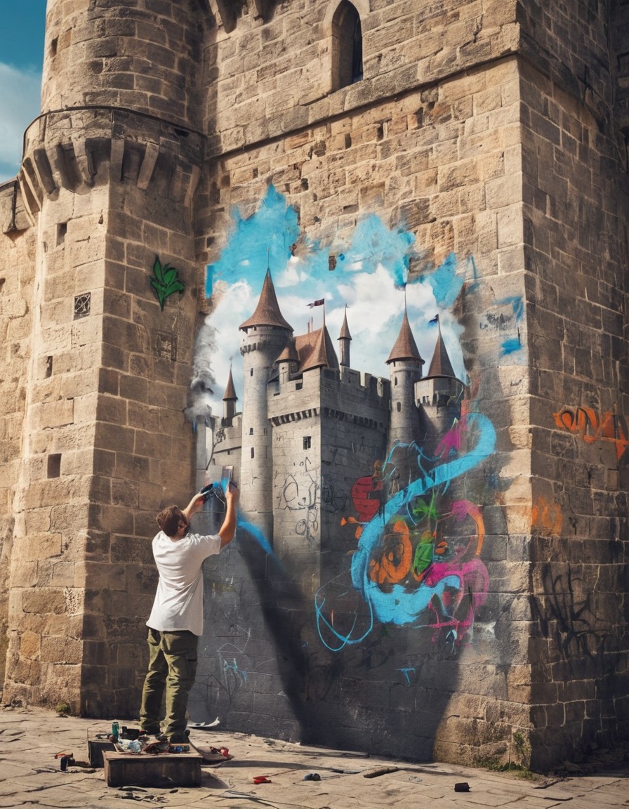 graffiti artist, street art, medieval castle, urban art, painting, medieval, art