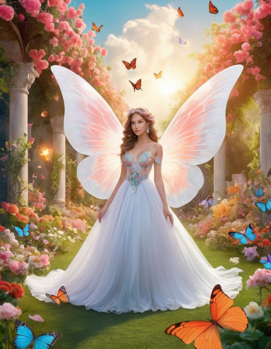 heaven, angels, peaceful garden, blooming flowers, colorful butterflies