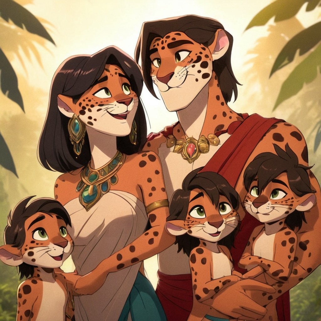 cartoon, digitalart, fanart, characterdesign, feline, jungle, anthro, aztec, family, fantasy, jagaur, mesoamerica