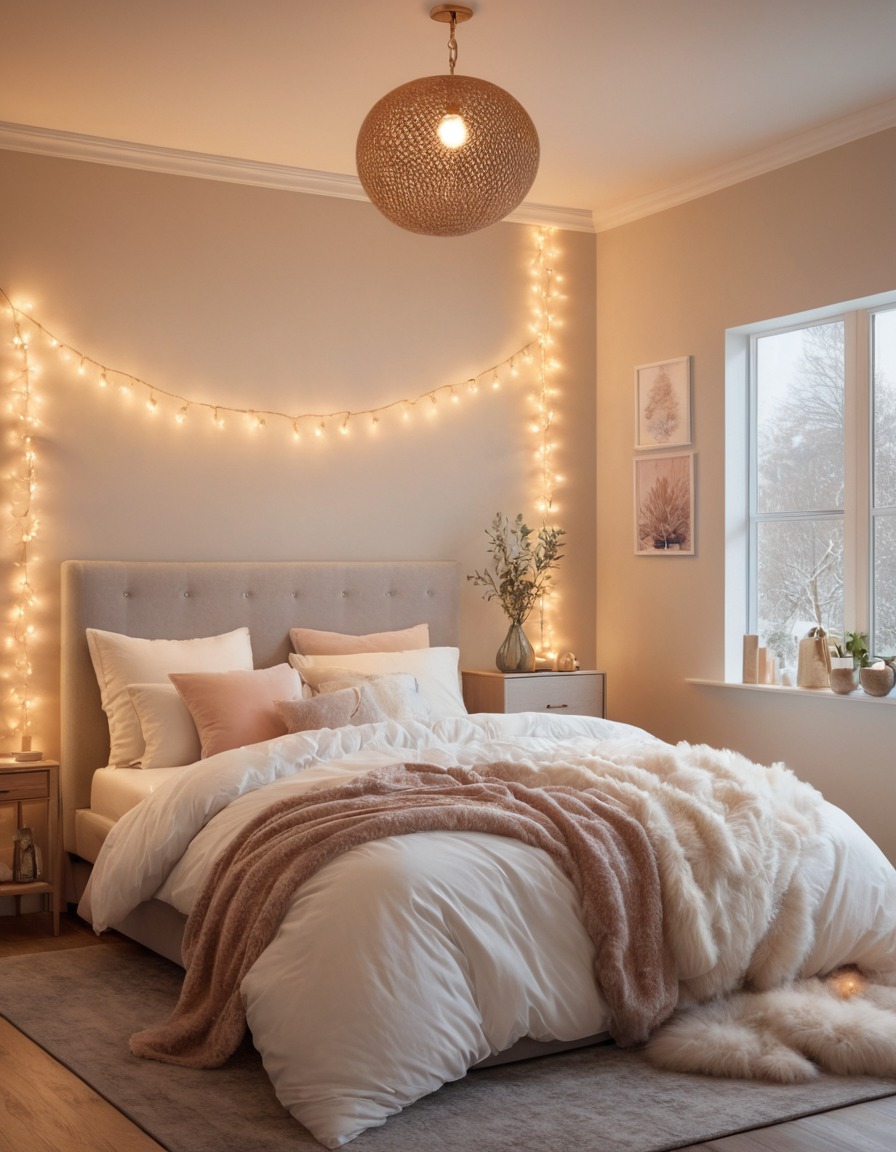 bedroom, cozy, string lights, fluffy duvet, home, interior