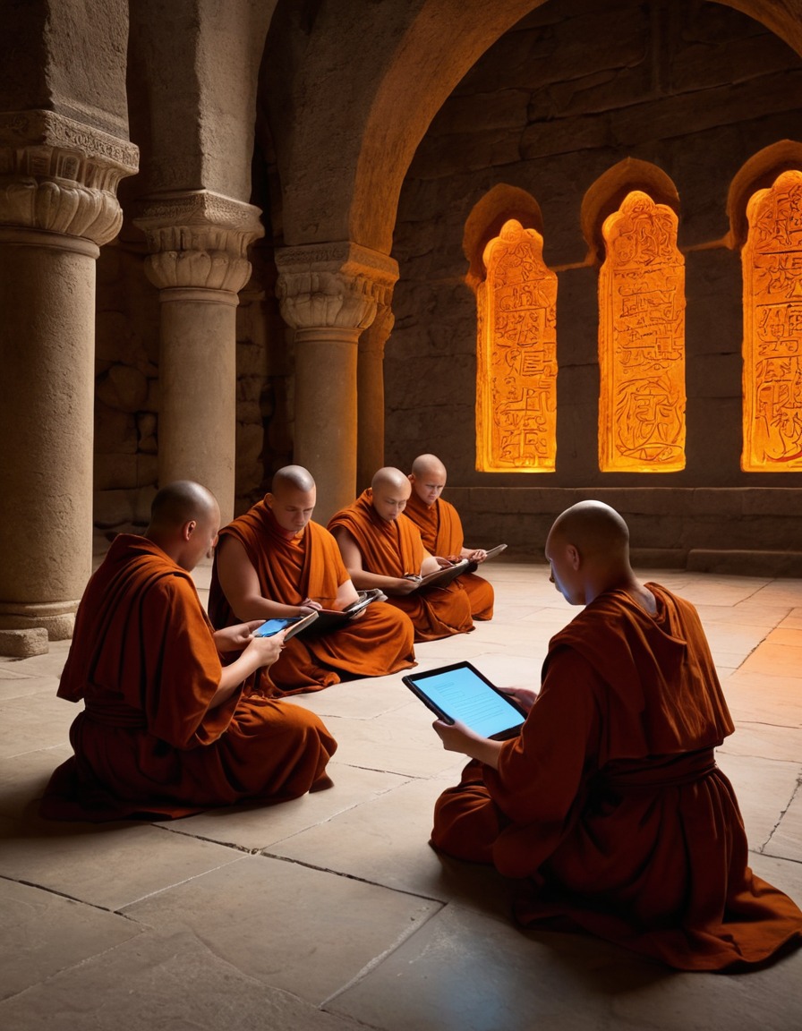 monks, transcribing, virtual scrolls, tablets, scriptorium, stone, ancient, technology, medieval, art