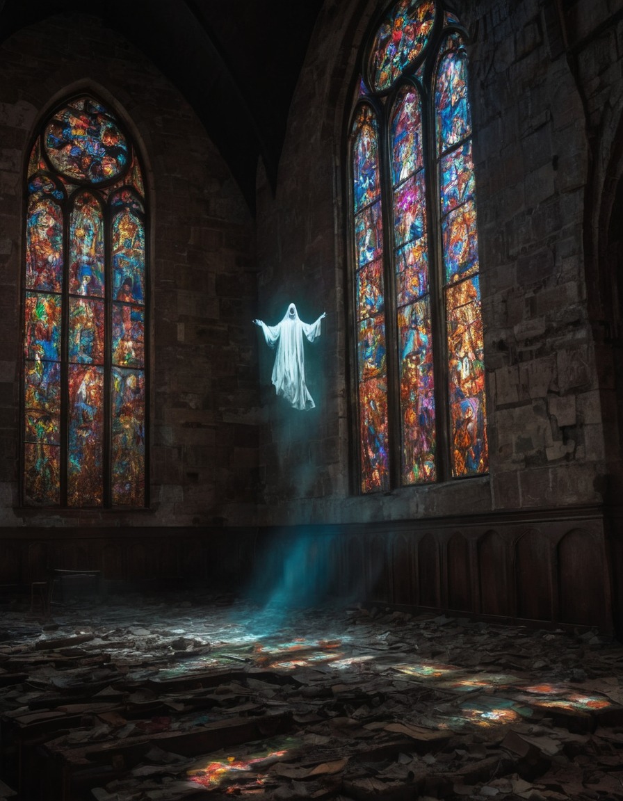 ghost, apparition, church, stained glass windows, supernatural, gothic, underground, dark