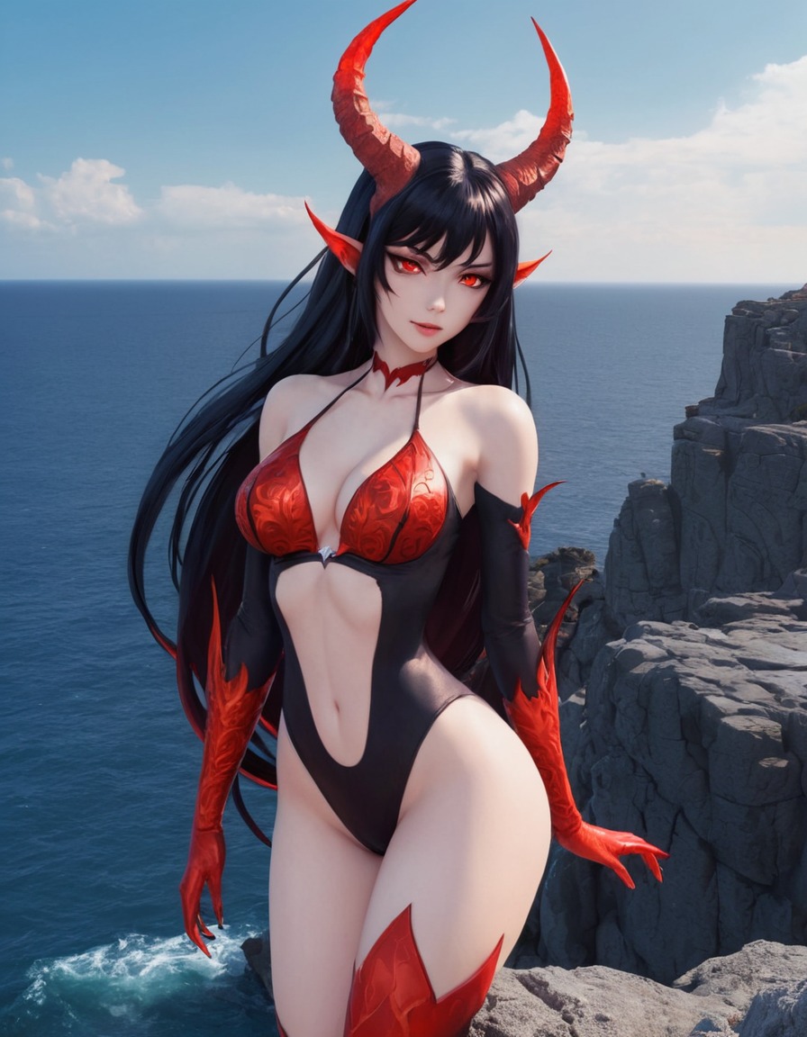 succubus, demon, supernatural, fantasy, red eyes, black hair, rocky cliff, sea.