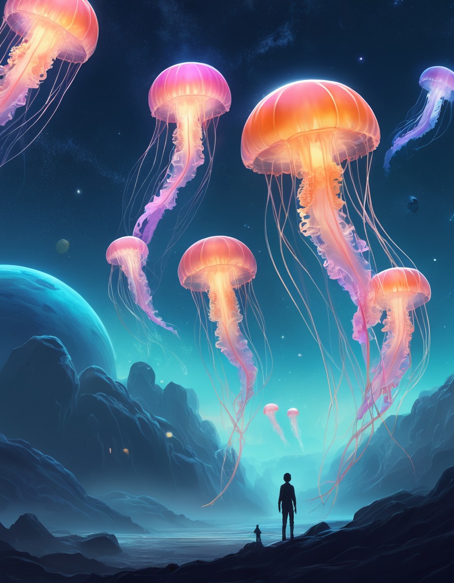 space, jellyfish, beings, light patterns, vastness, extraterrestrial, aliens