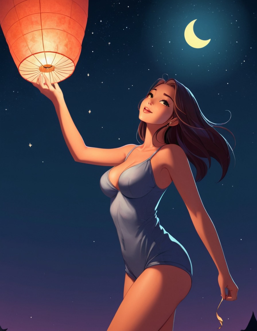 sky, paper lantern, night, girl, tradition