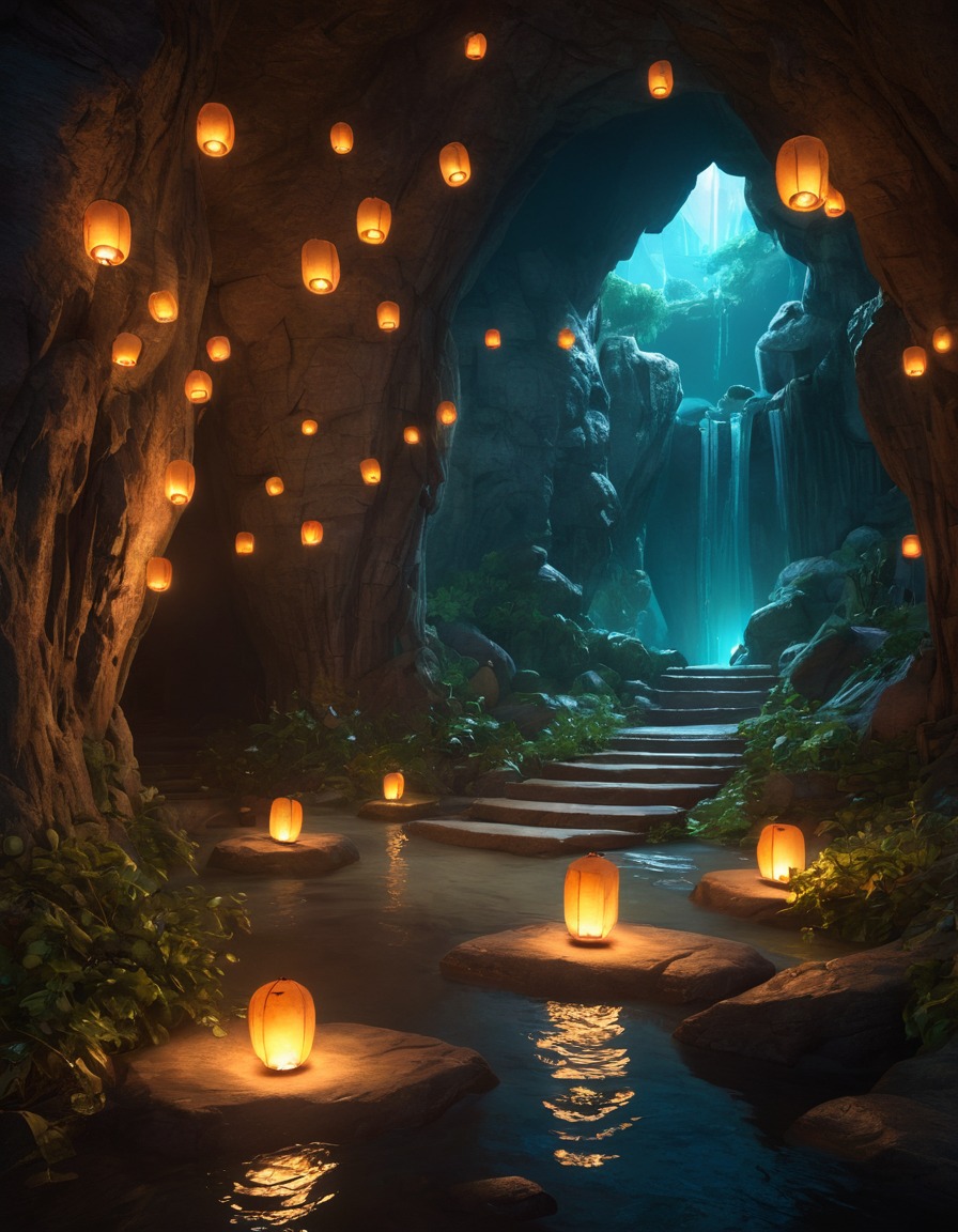 cave, lanterns, underground kingdom, mythical beings, fantastic