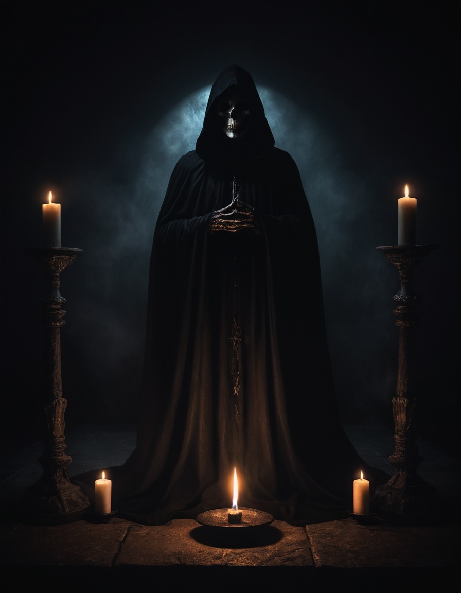 mystery, shadowy figure, candlelight, altar, darkness, ominous, gothic, underground, dark