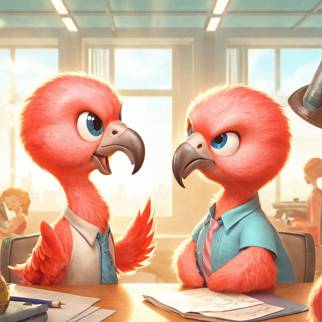 animal, bird, arguments, copilot, dalle3, fighting, flamingo, office, work, aiart