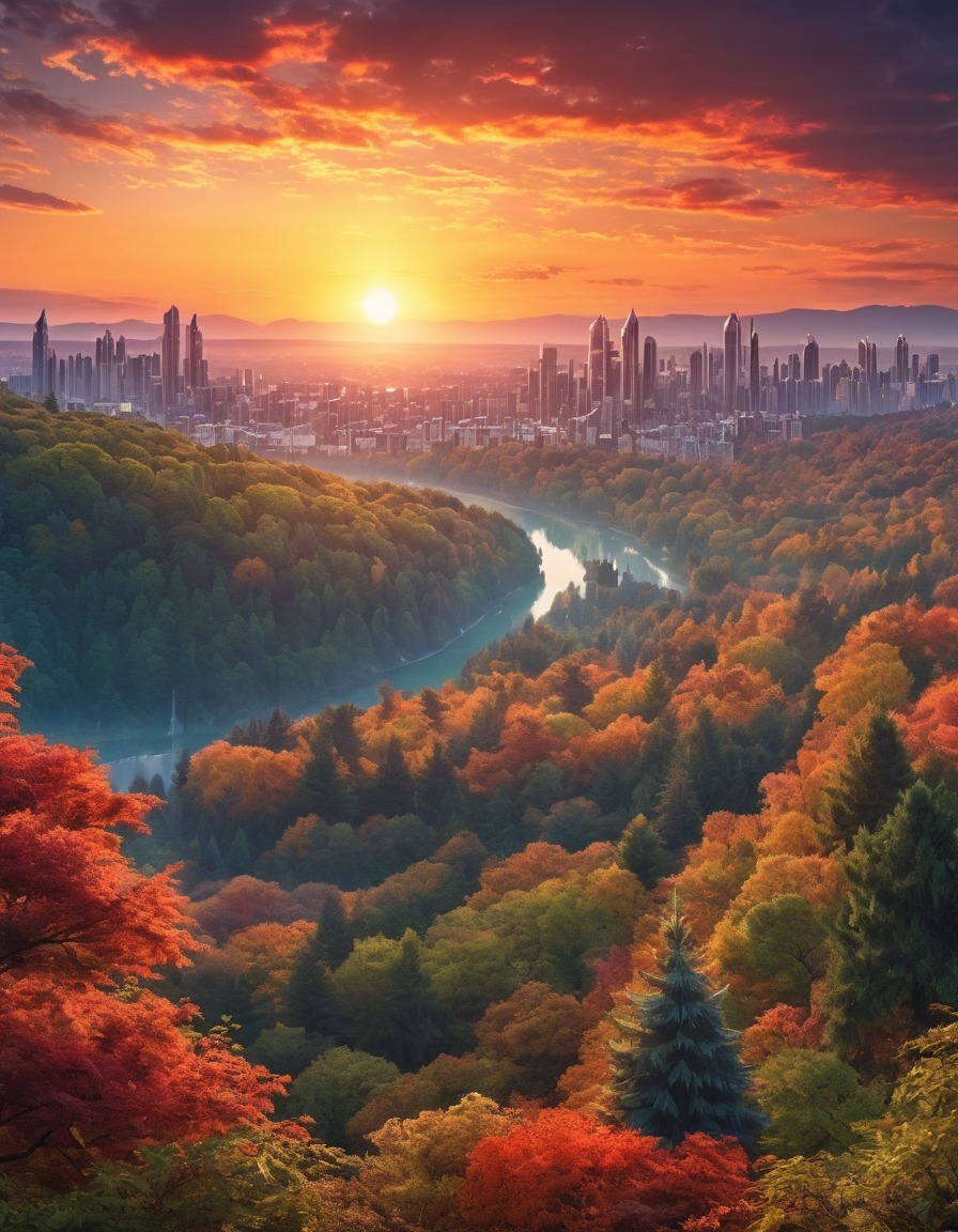 sunset, cityscape, forest, nature, colorful, city