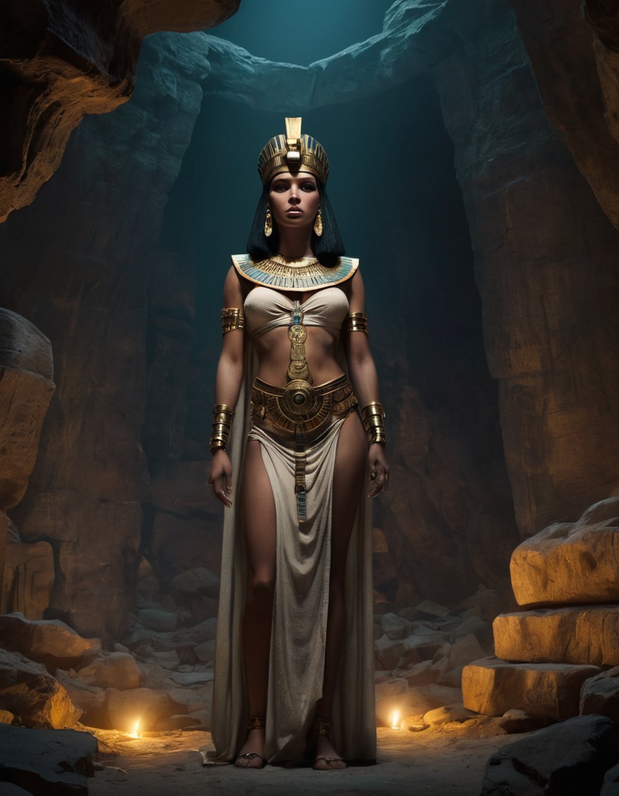 cleopatra, ancient artifacts, dimly lit, confidence